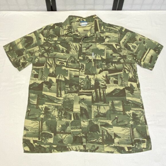 Columbia Short Sleeve Button Front Camo Patch Nature Print Shirt Green Brown XL - Picture 8 of 13